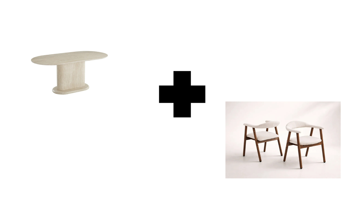 Lot table à manger Loka travertin+ chaises Berita effet noyer