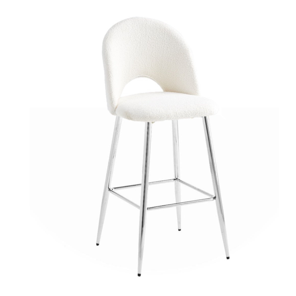 Tabouret Amelia Argent velours Laine bouclée blanc