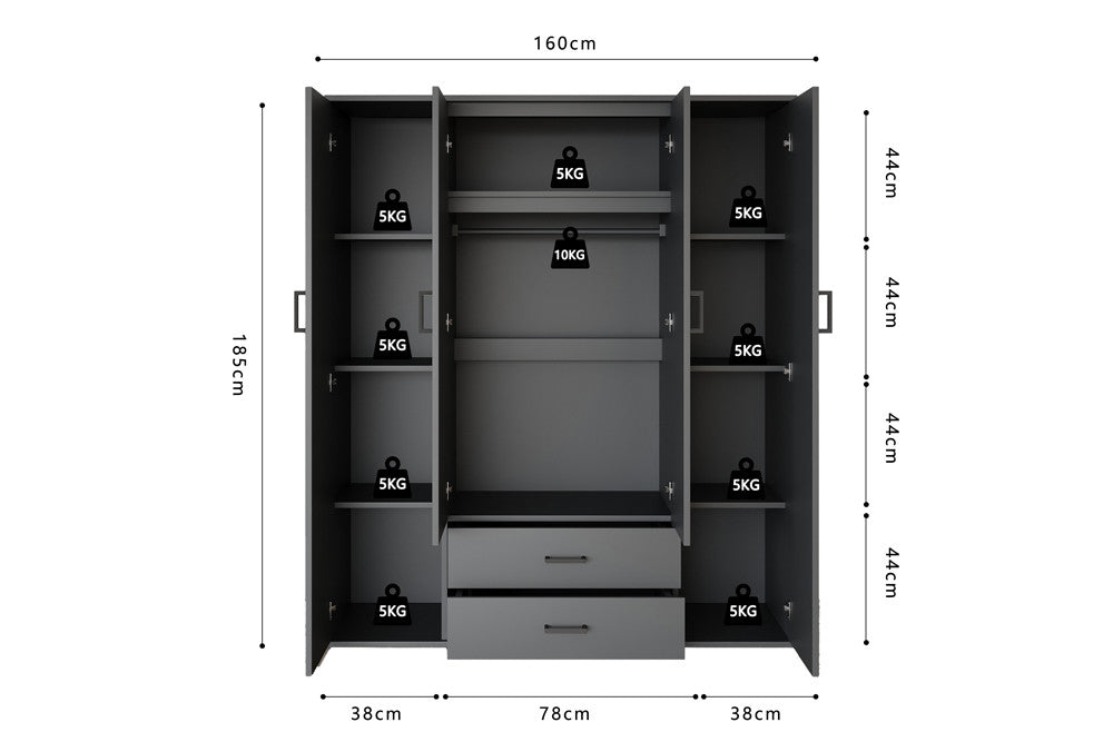 Armoire Marc 4 portes avec 2 miroirs Gris foncé