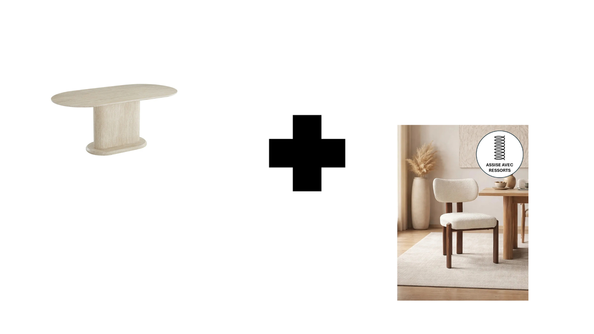 Lot table à manger Loka travertin+ chaises Hera  effet noyer