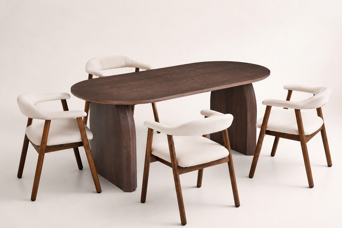 Lot table à manger Helen 180x90cm effet bois noyer + chaises Berita effet noyer