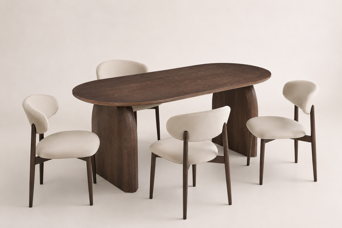 Lot table à manger Helen 160x90cm effet bois noyer + chaises Lucile effet noyer