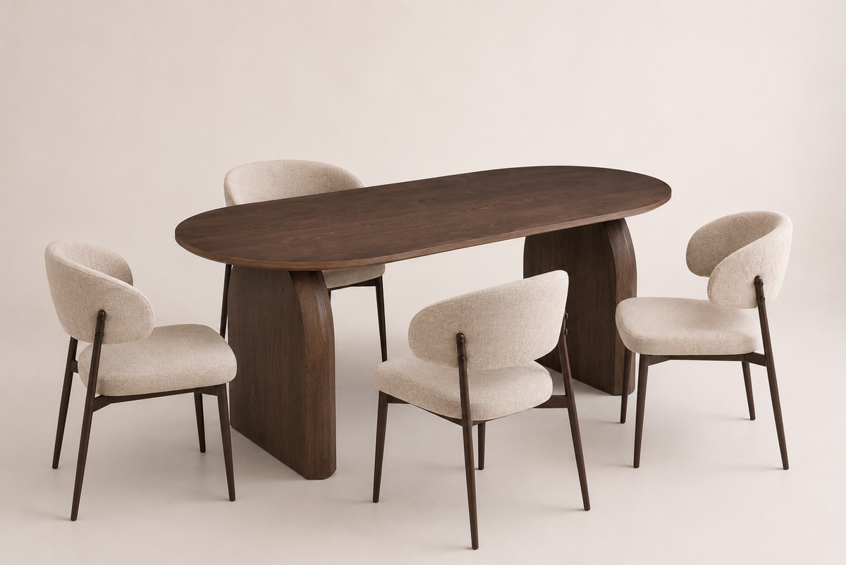 Lot table à manger Helen 160x90cm effet bois noyer + chaises Lamia effet noyer
