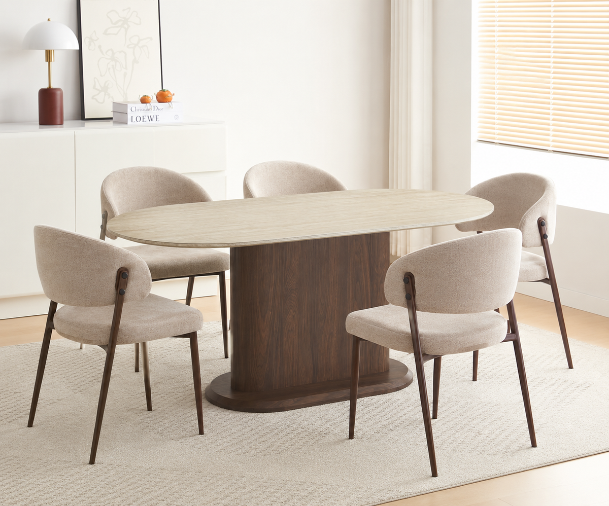Lot table à manger Loka travertin/ noyer + chaises Lamia effet noyer