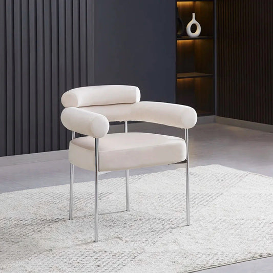 Chaise Bulle Accoudoir Structure Acier Argent velours beige