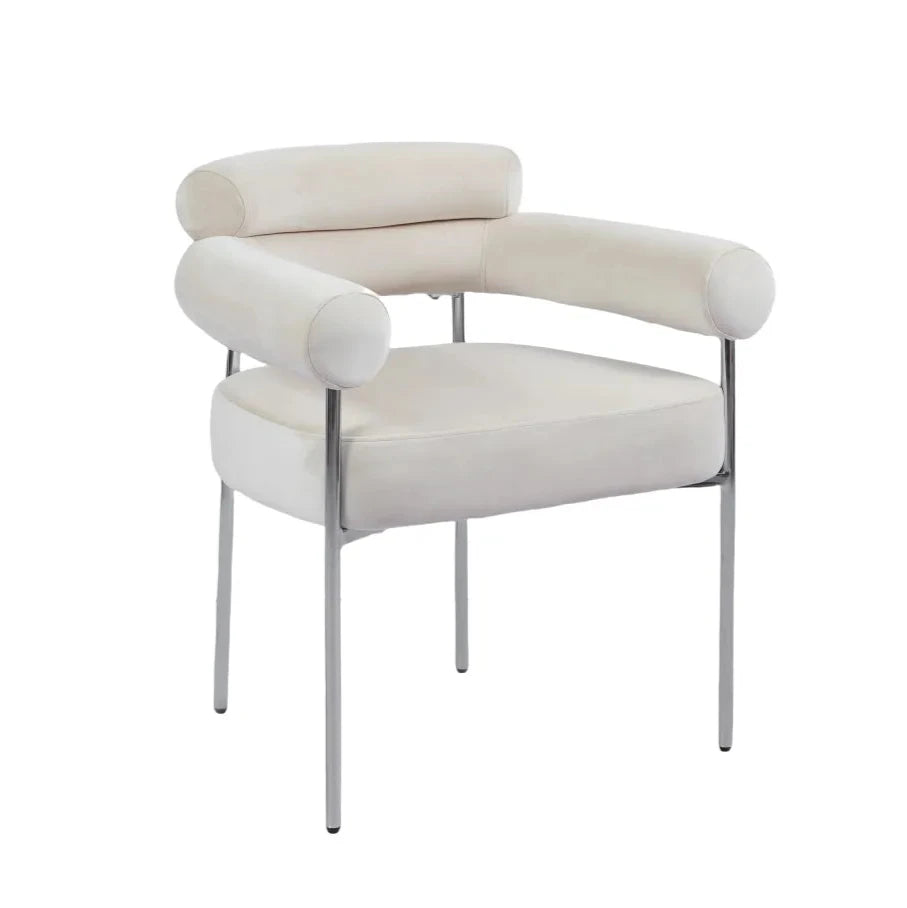 Chaise Bulle Accoudoir Structure Acier Argent velours beige
