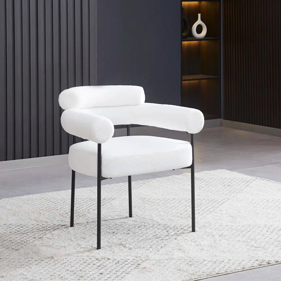 Chaise Bulle Accoudoir Structure Acier Noir laine bouclée blanche