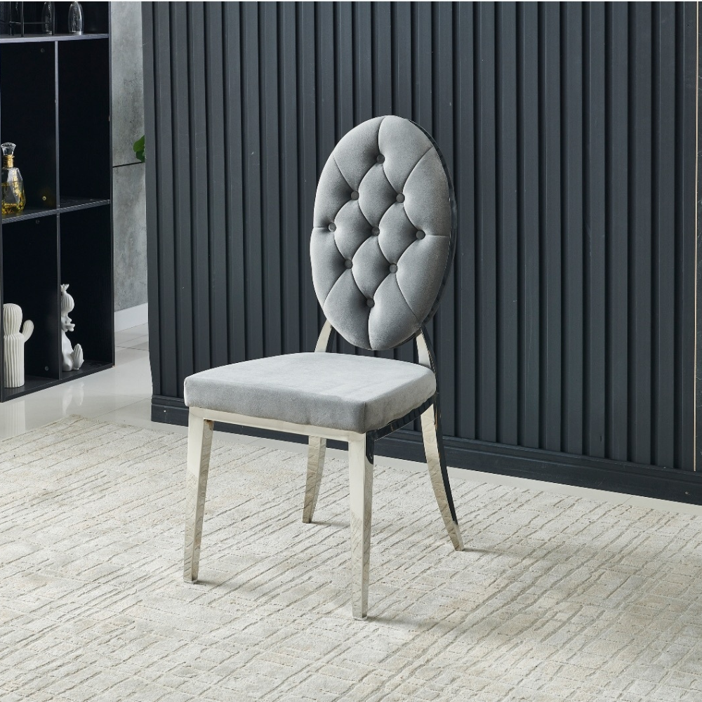 Chaise Ova Argent velours gris Style Médaillon Capitonné