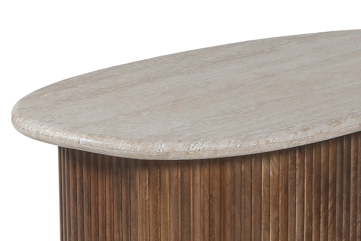 Table basse Louis Ovale travertin pieds bois de manguier
