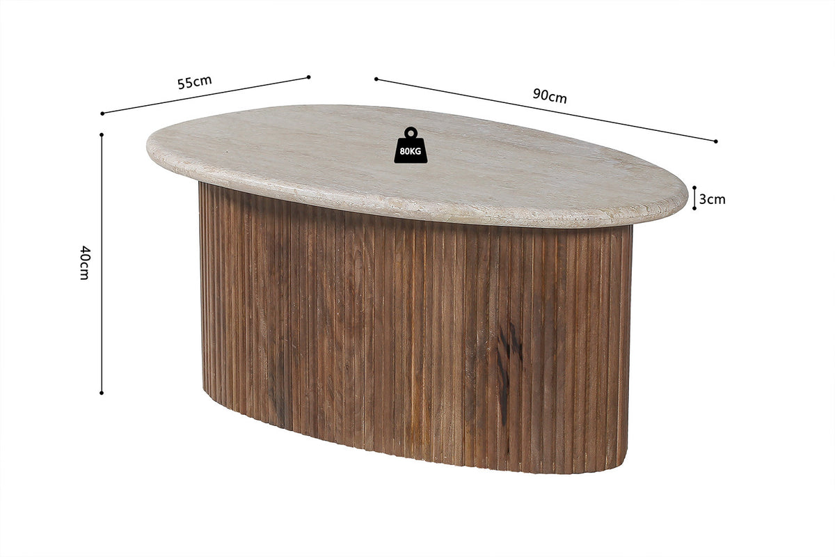 Table basse Louis Ovale travertin pieds bois de manguier