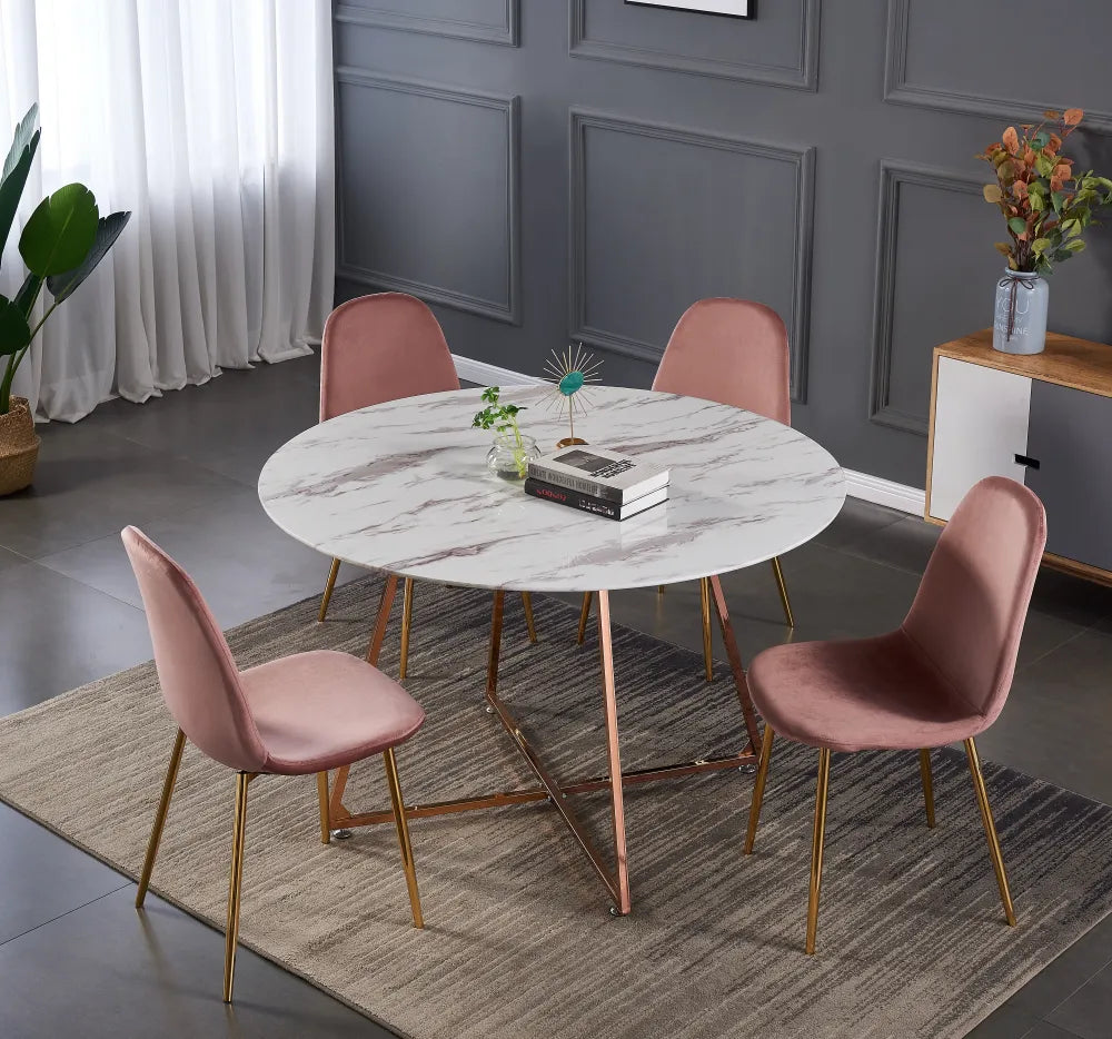 Table à manger Héloïse Or Rose Marbre Blanc