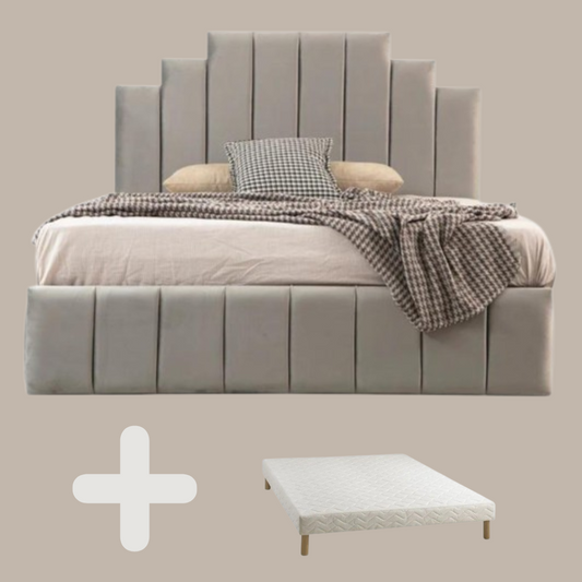 Cadre de Lit velours Gris Natura + Sommier Tapisser