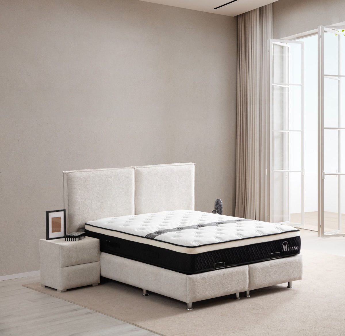 Lit coffre Maya tissu chenille blanc cassé