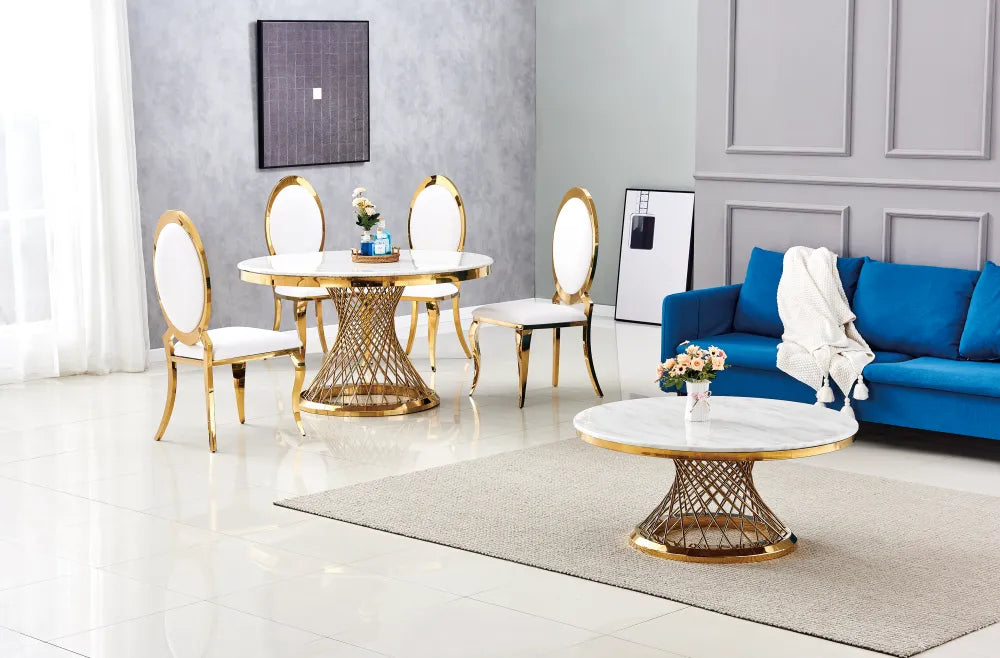 Table à manger ronde Deluxe Or marbre blanc
