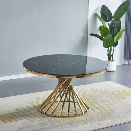 Table à manger ronde Quinconce Pieds Or Marbre Noir