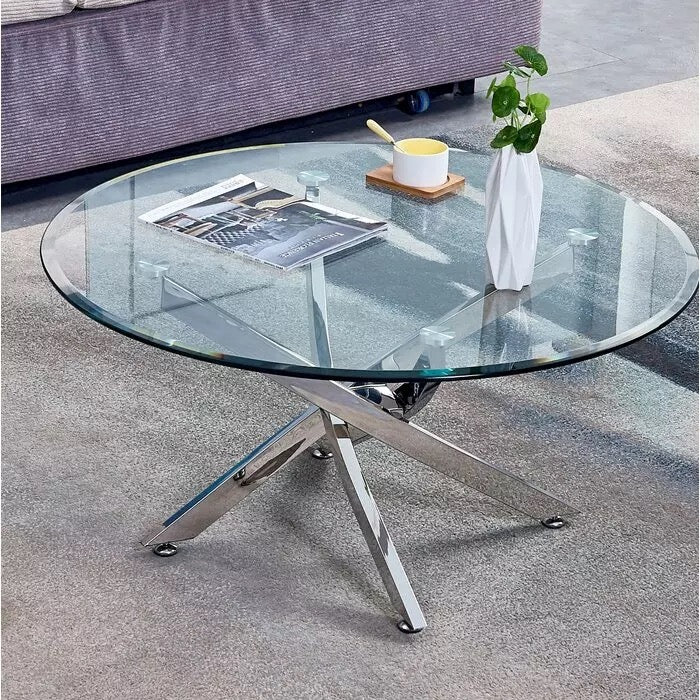 table basse de salon ou salle à manger argent chromé verre trempé