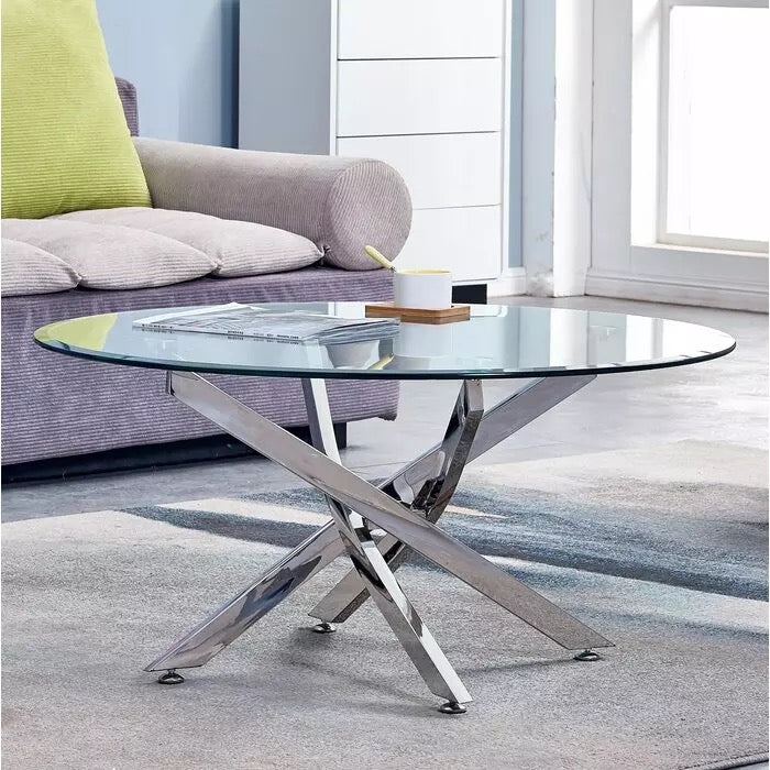 table basse de salon ou salle à manger argent chromé verre trempé