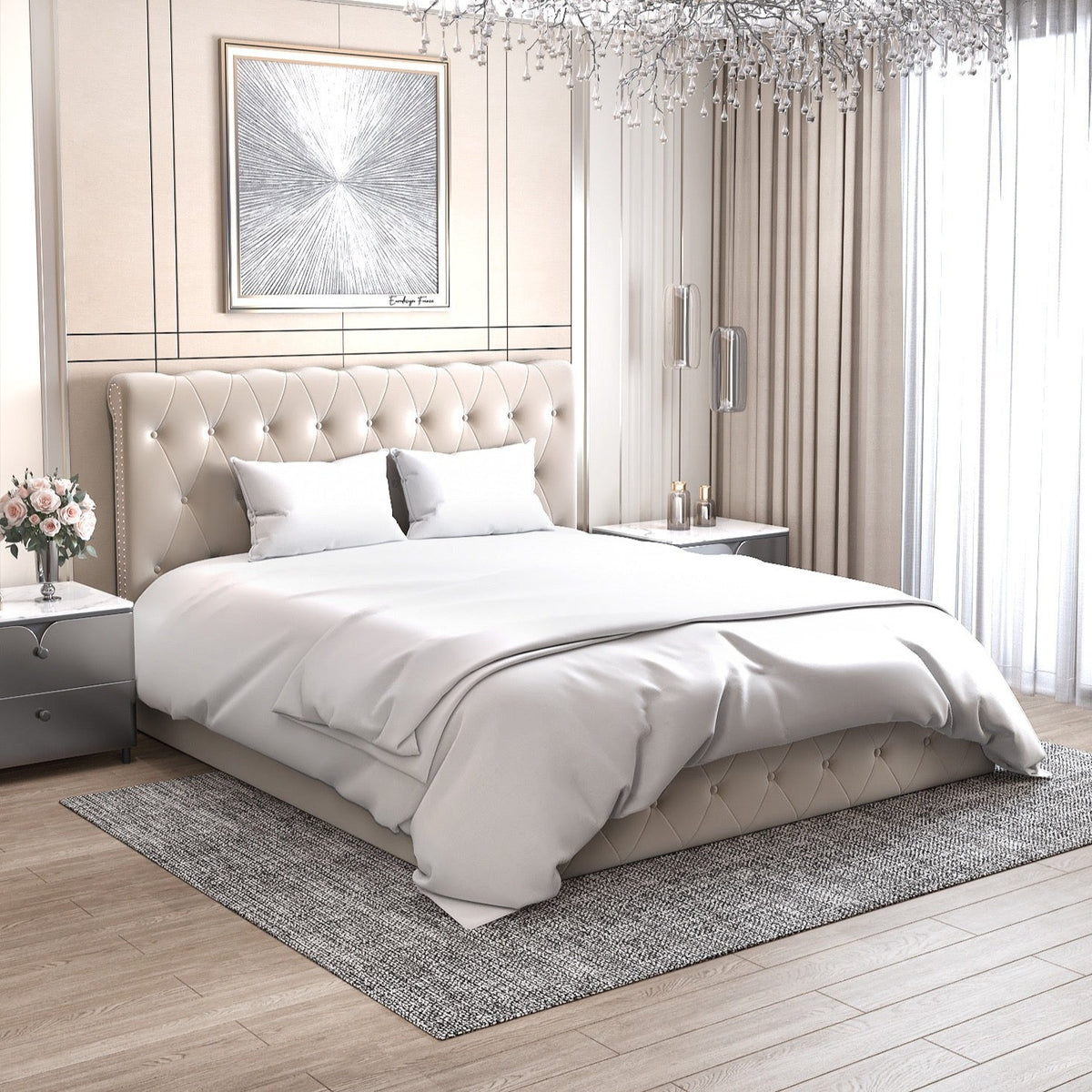 Lit coffre simple Bastide velours beige
